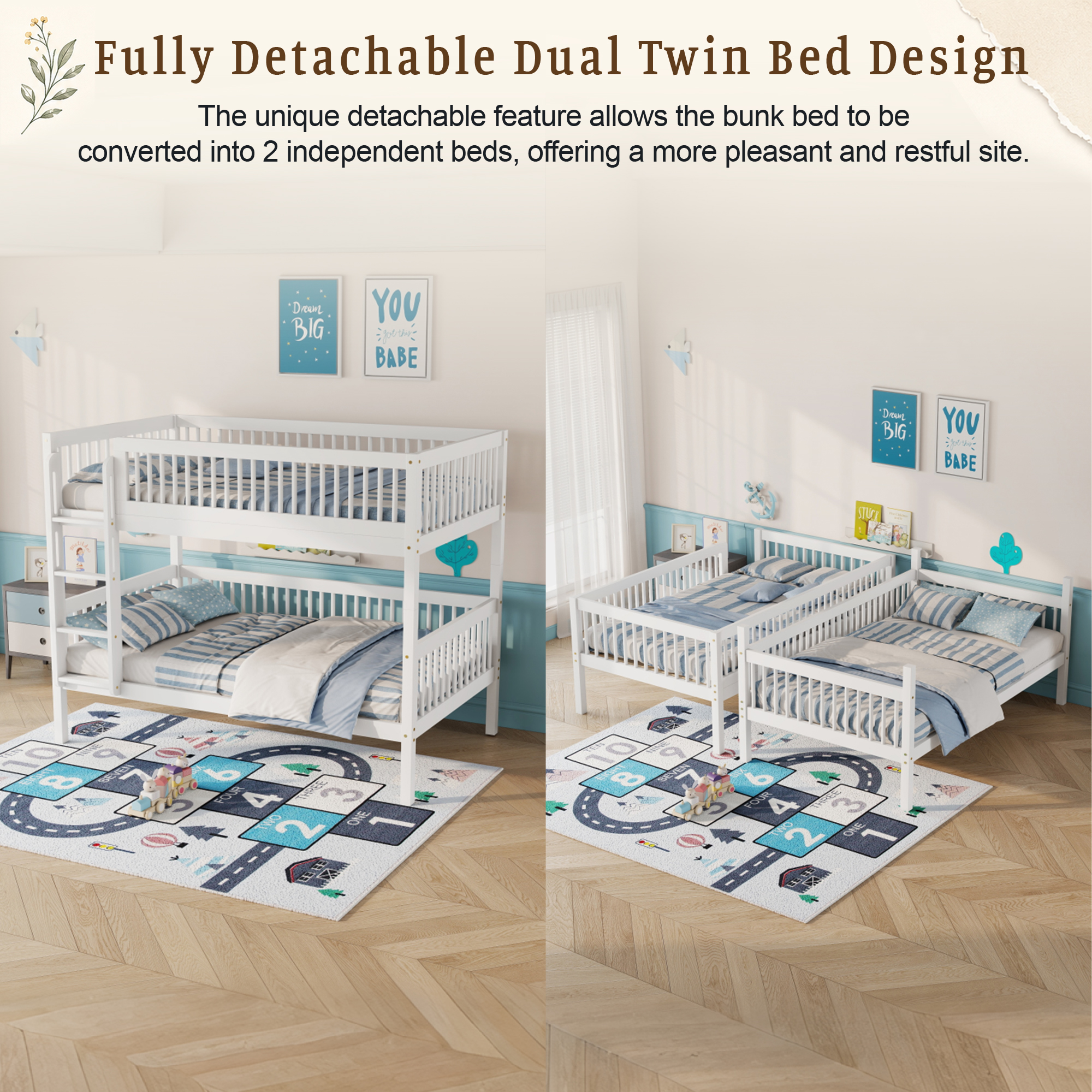 Twin Over Twin Pine Wood Bunk Bed With 2 Drawers, Convertible into 2 Twin Beds
