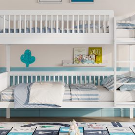 Twin Over Twin Pine Wood Bunk Bed With 2 Drawers, Convertible into 2 Twin Beds