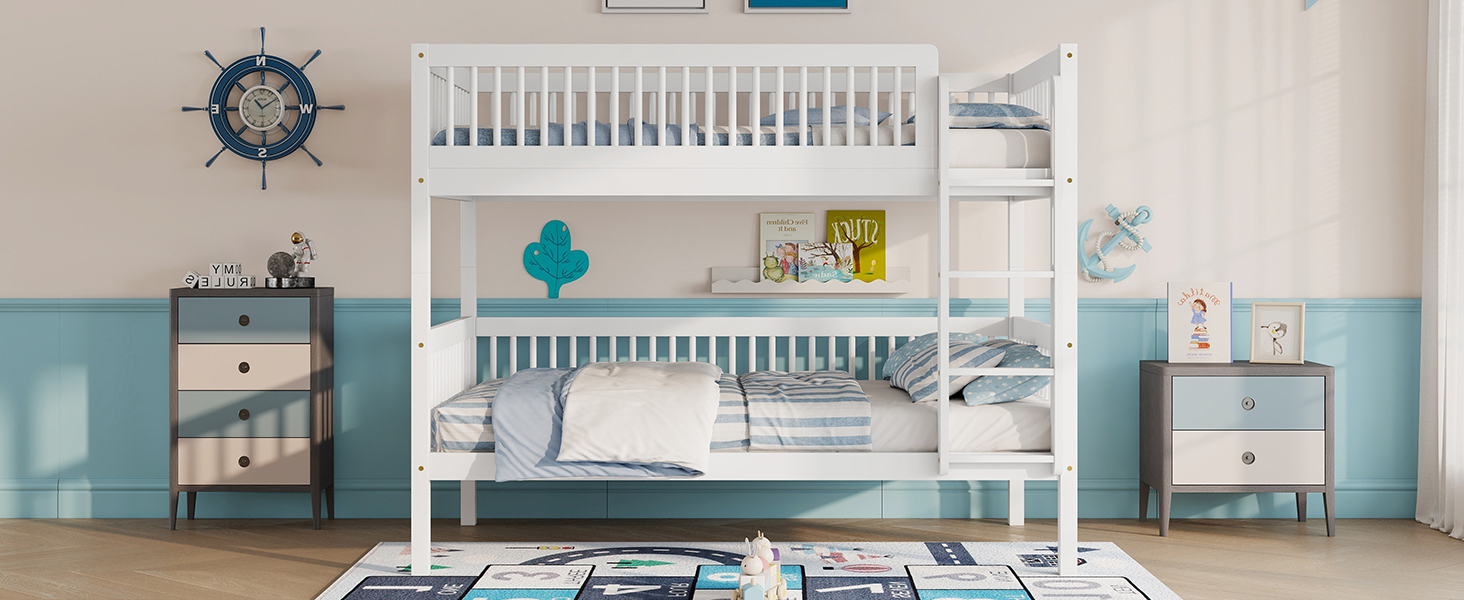 Twin Over Twin Pine Wood Bunk Bed With 2 Drawers, Convertible into 2 Twin Beds