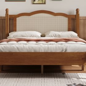 Full Size Wooden Platform Bed with Natural Rattan Headboard