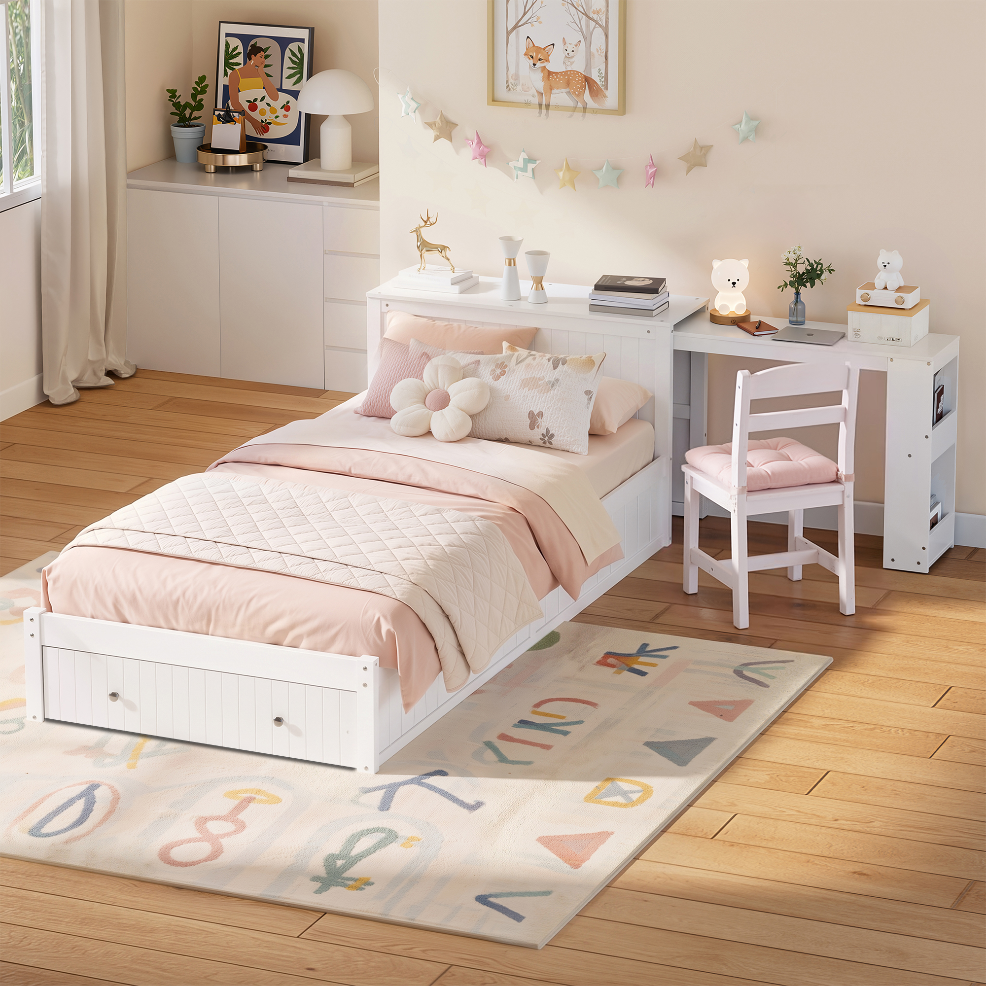 Twin Wood Bed Frame with wide Headboard, Footboard Drawers & Side Shelves
