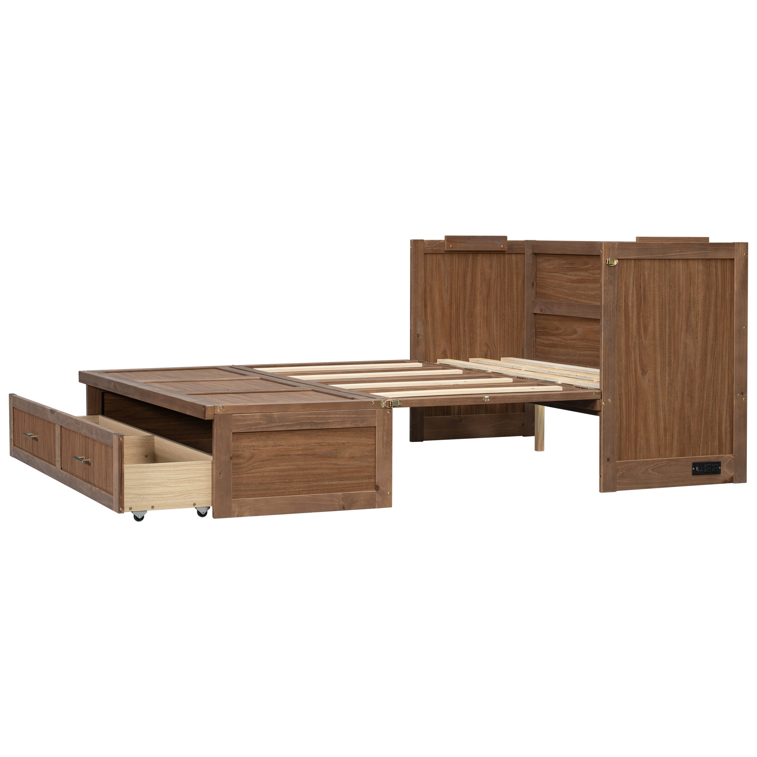 Pine Wood Cabinet Bed with Charging Station and Ripple Decoration Panels