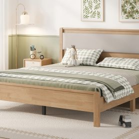 Queen Size Solid Rubber Wooden Bed With Upholstered Headboard