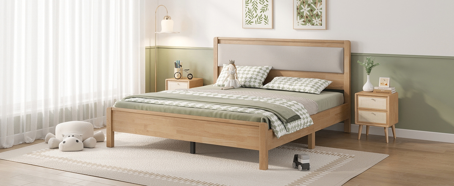 Queen Size Solid Rubber Wooden Bed With Upholstered Headboard