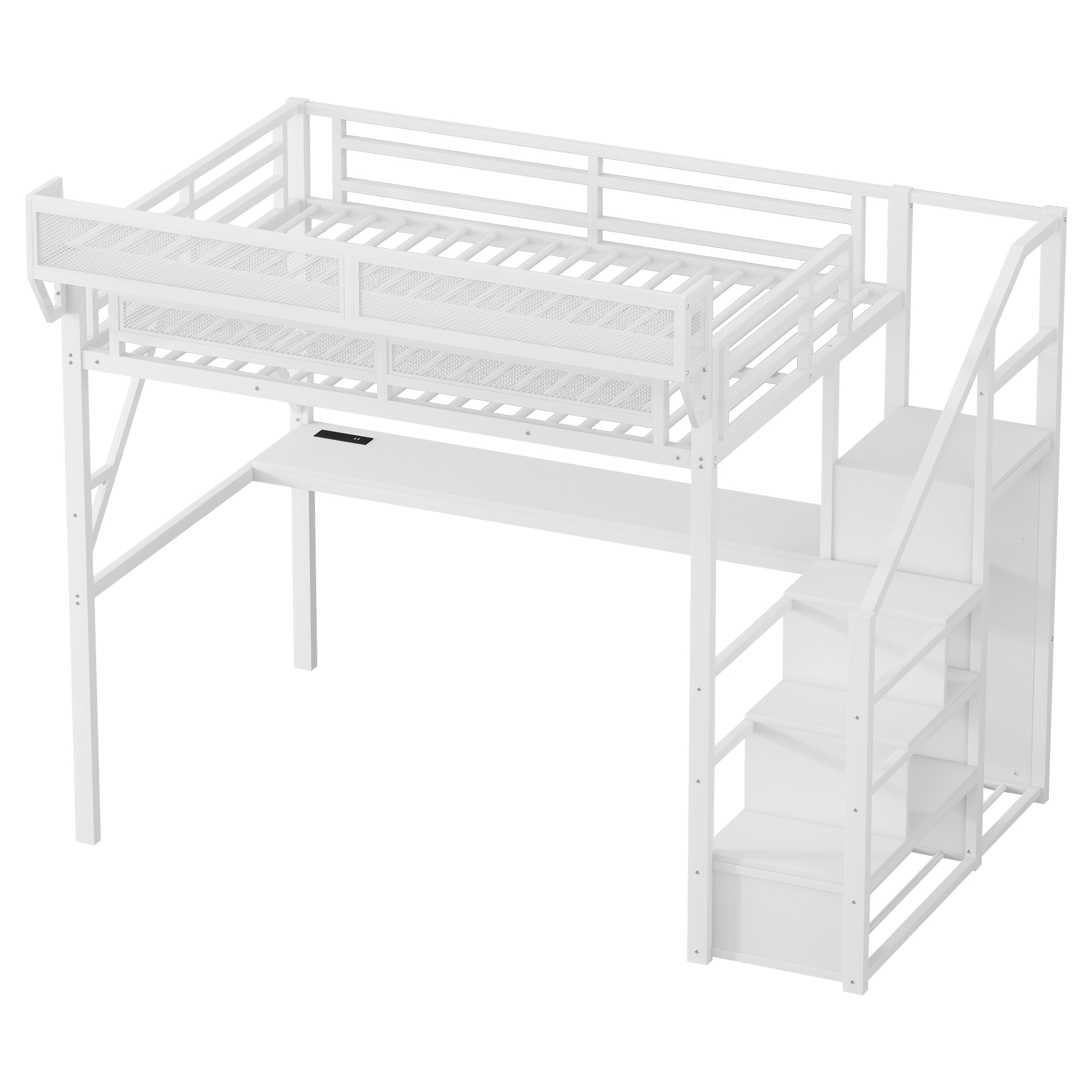 Metal Full Loft Bed With Desk, Charging Station, Stairs And Light