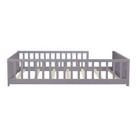 Full Size Rubber Wood Floor Bed with Guardrails, Built-in Book Rack