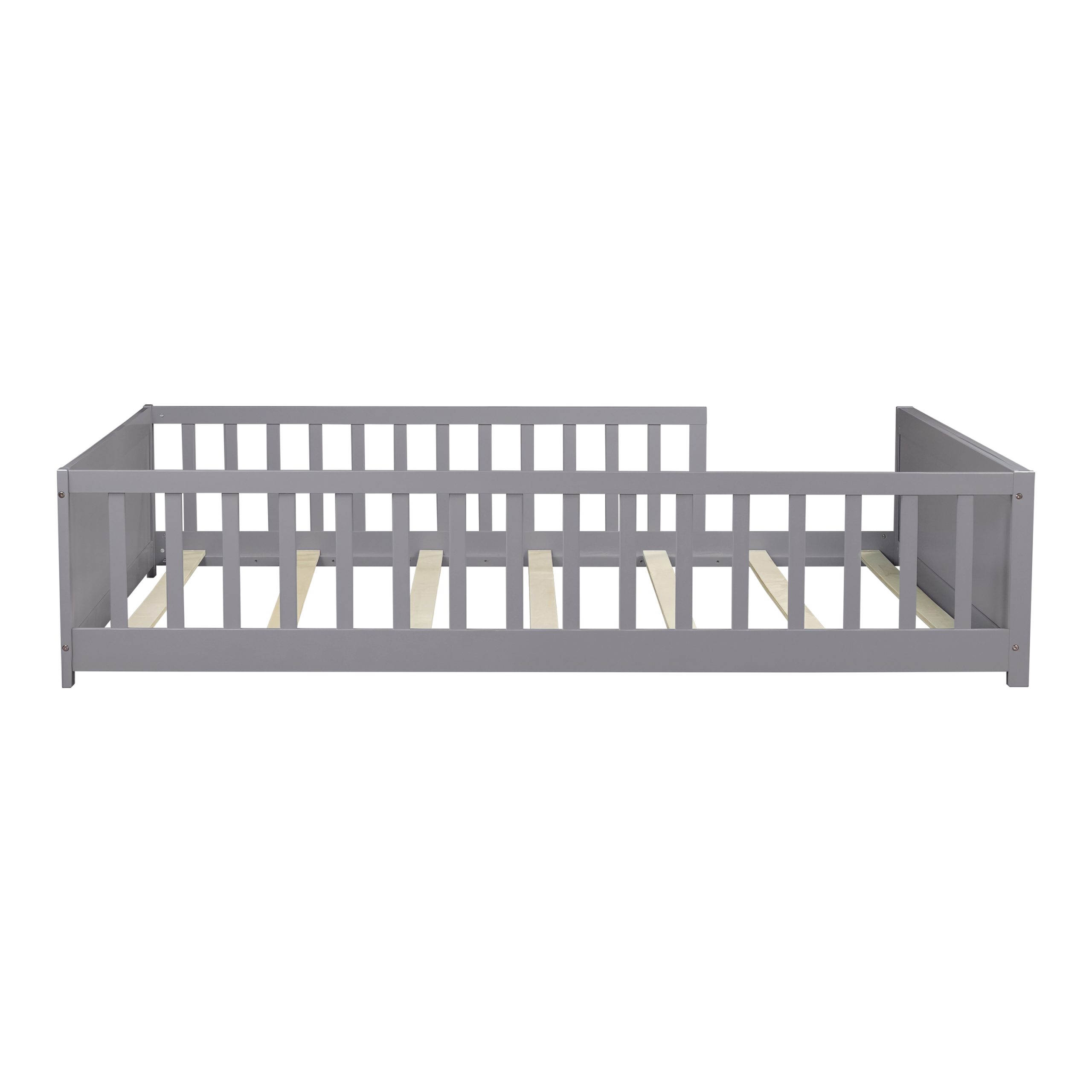 Full Size Rubber Wood Floor Bed with Guardrails, Built-in Book Rack