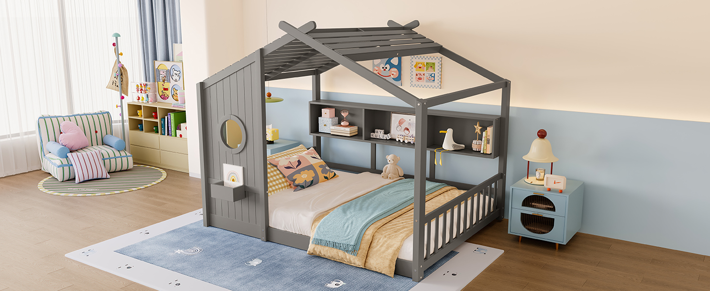 Full Size Floor House Bed for Toddler, Kids