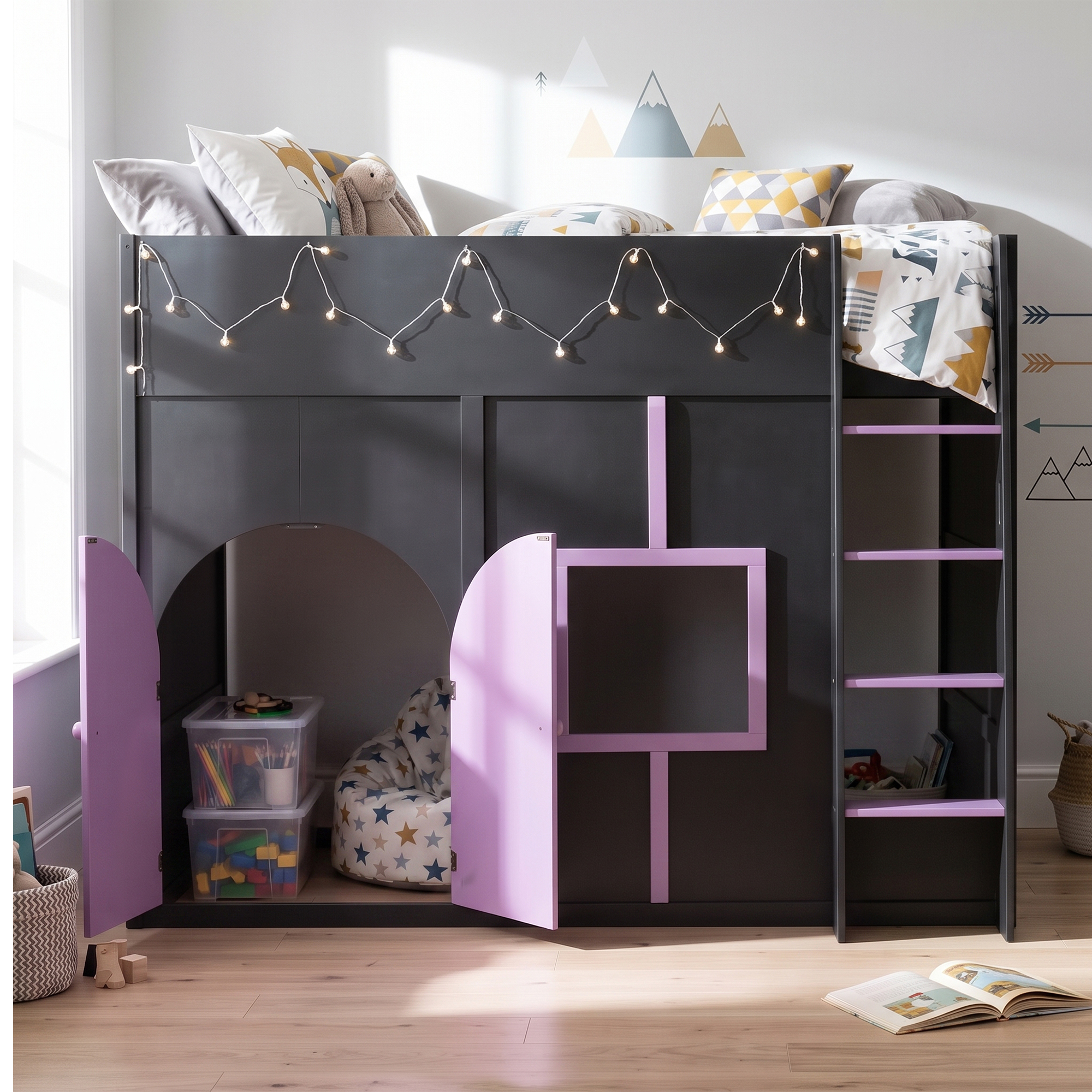 Full Size House Loft Bed with Double Doors & Window