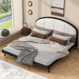 King Size Upholstered Platform Bed Frame With Linen Headboard