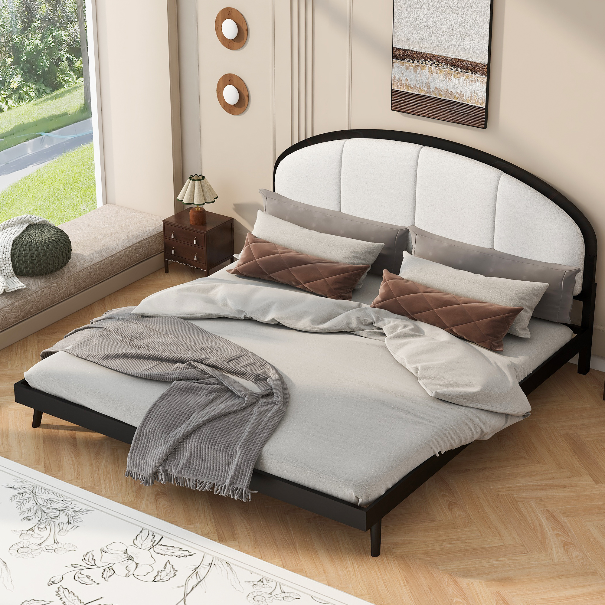 King Size Upholstered Platform Bed Frame With Linen Headboard