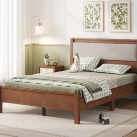 Full Size Solid Rubber Wooden Bed With Upholstered Headboard