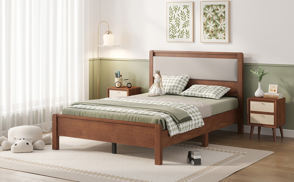 Full Size Solid Rubber Wooden Bed With Upholstered Headboard