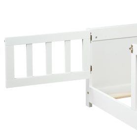 Full Size Rubber Wood Floor Bed with Guardrails, Built-in Book Rack, Door