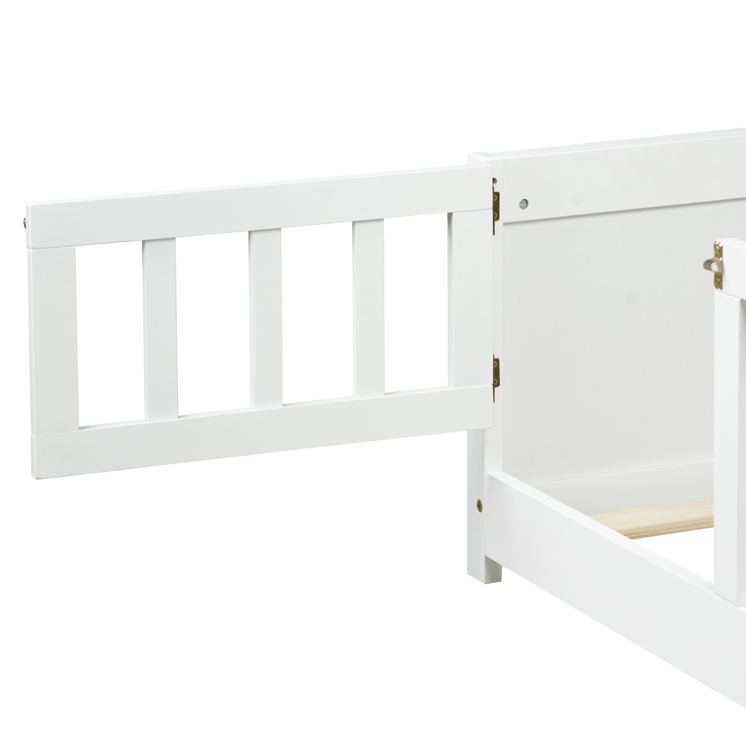 Full Size Rubber Wood Floor Bed with Guardrails, Built-in Book Rack, Door