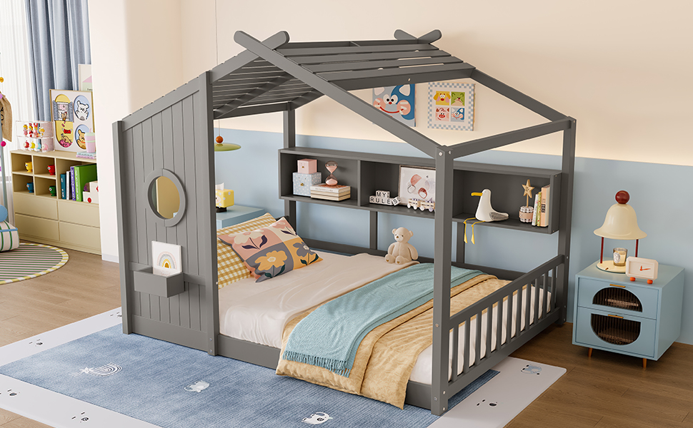 Full Size Floor House Bed for Toddler, Kids