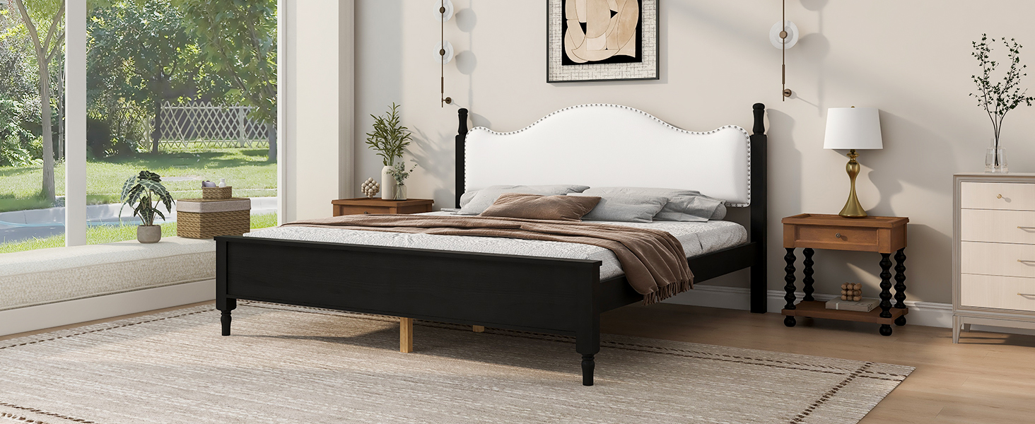 King Size Wood Platform Bed with Upholstered Headboard