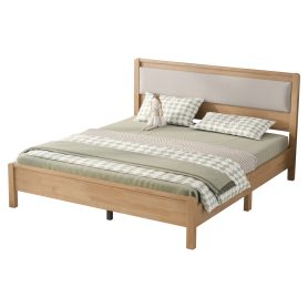 Queen Size Solid Rubber Wooden Bed With Upholstered Headboard