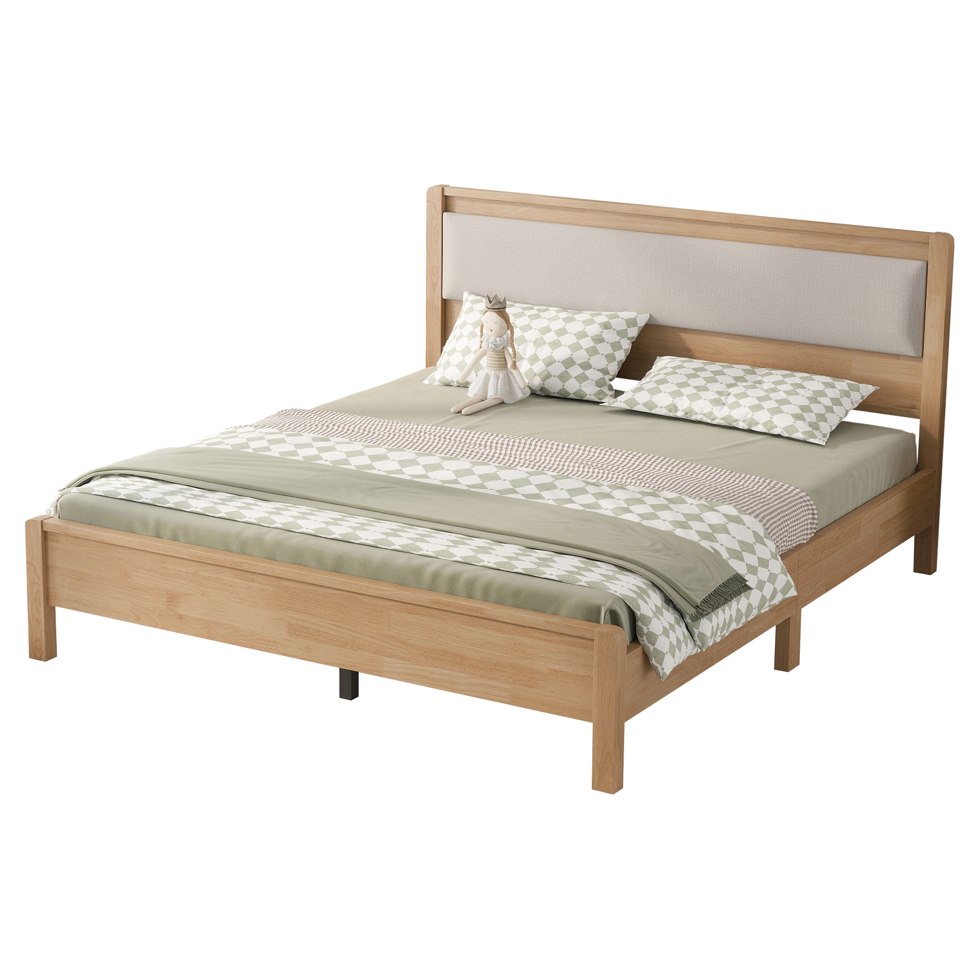 Queen Size Solid Rubber Wooden Bed With Upholstered Headboard