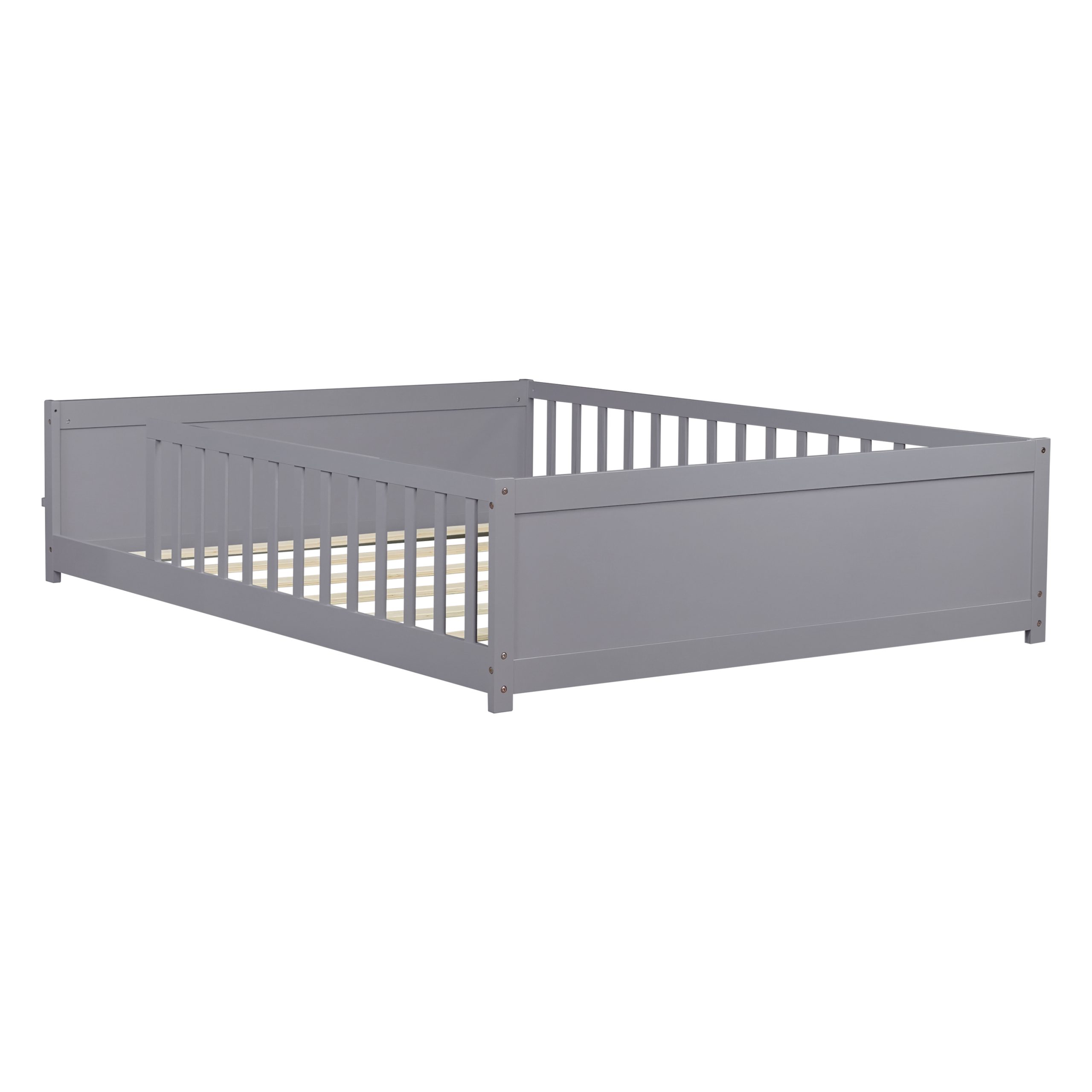 Full Size Rubber Wood Floor Bed with Guardrails, Built-in Book Rack