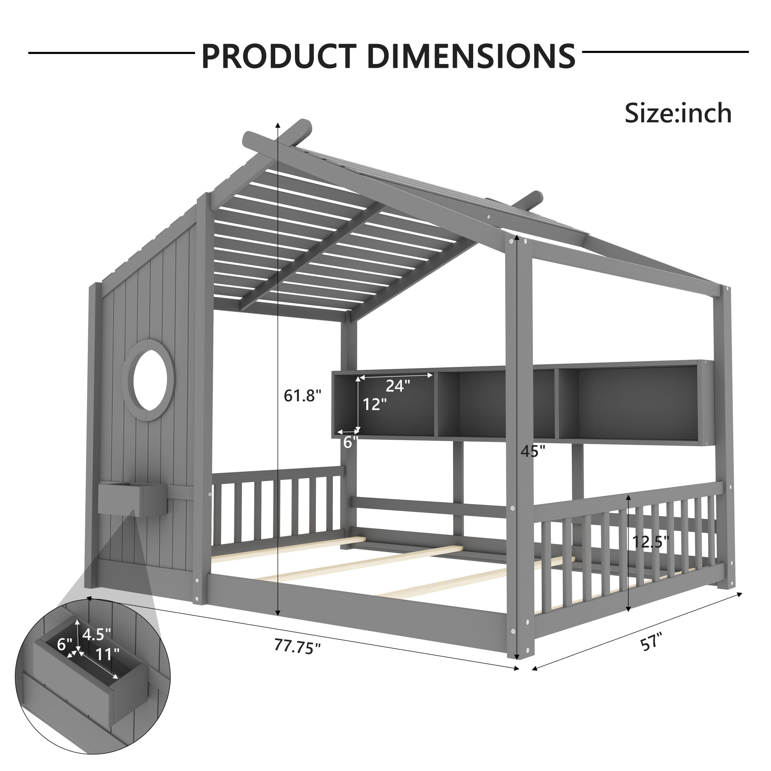 Full Size Floor House Bed for Toddler, Kids