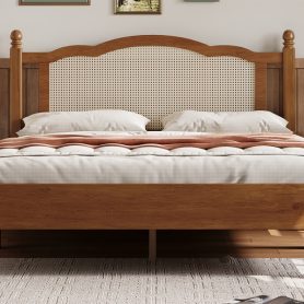 Queen Size Wooden Platform Bed with Natural Rattan Headboard