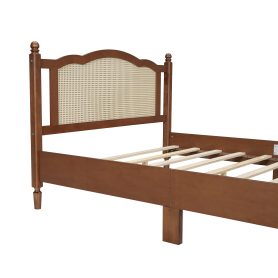 Queen Size Wooden Platform Bed with Natural Rattan Headboard