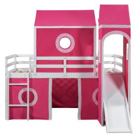 Solid Wood Twin Size Loft Bed With Slide Pink Tent And Tower