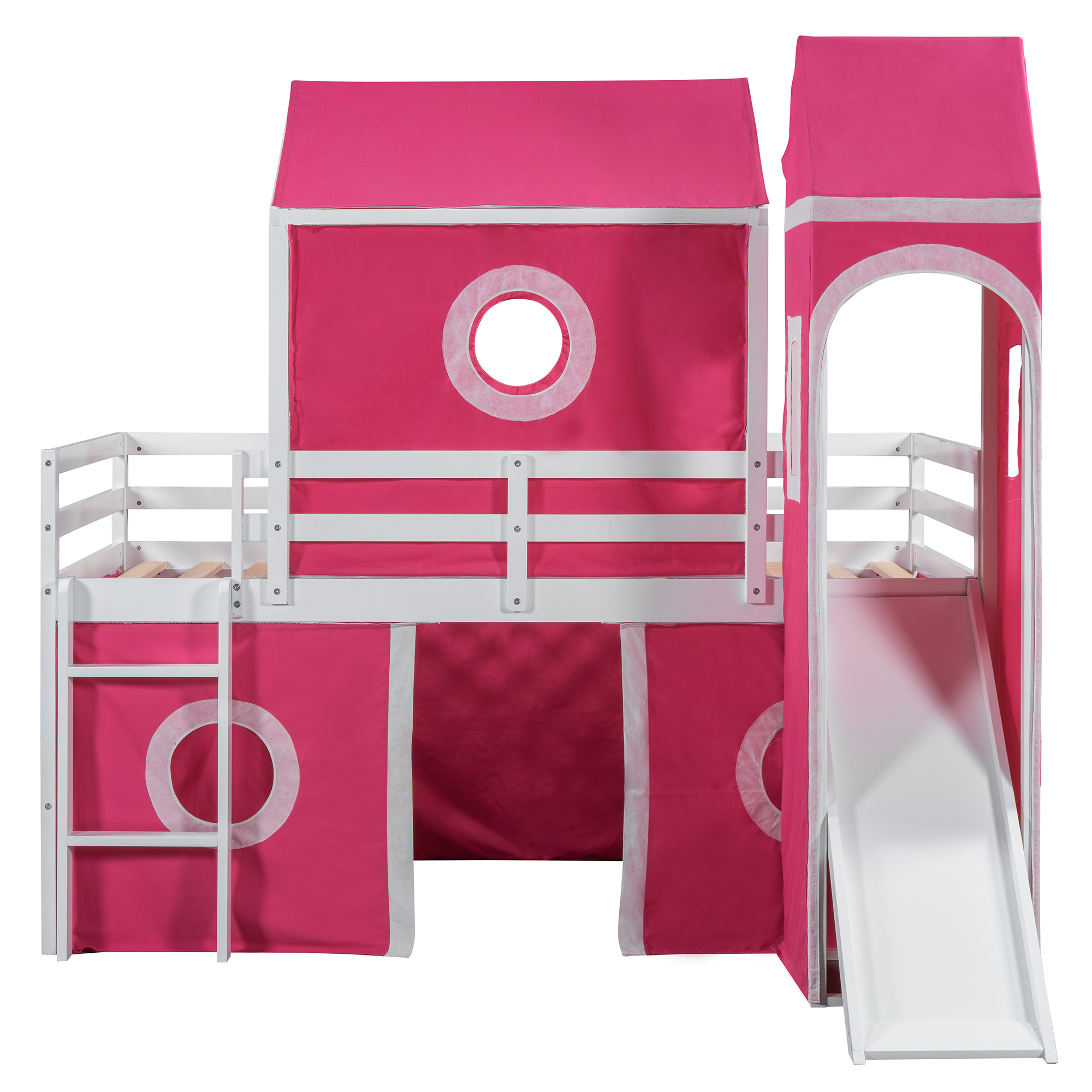 Solid Wood Twin Size Loft Bed With Slide Pink Tent And Tower