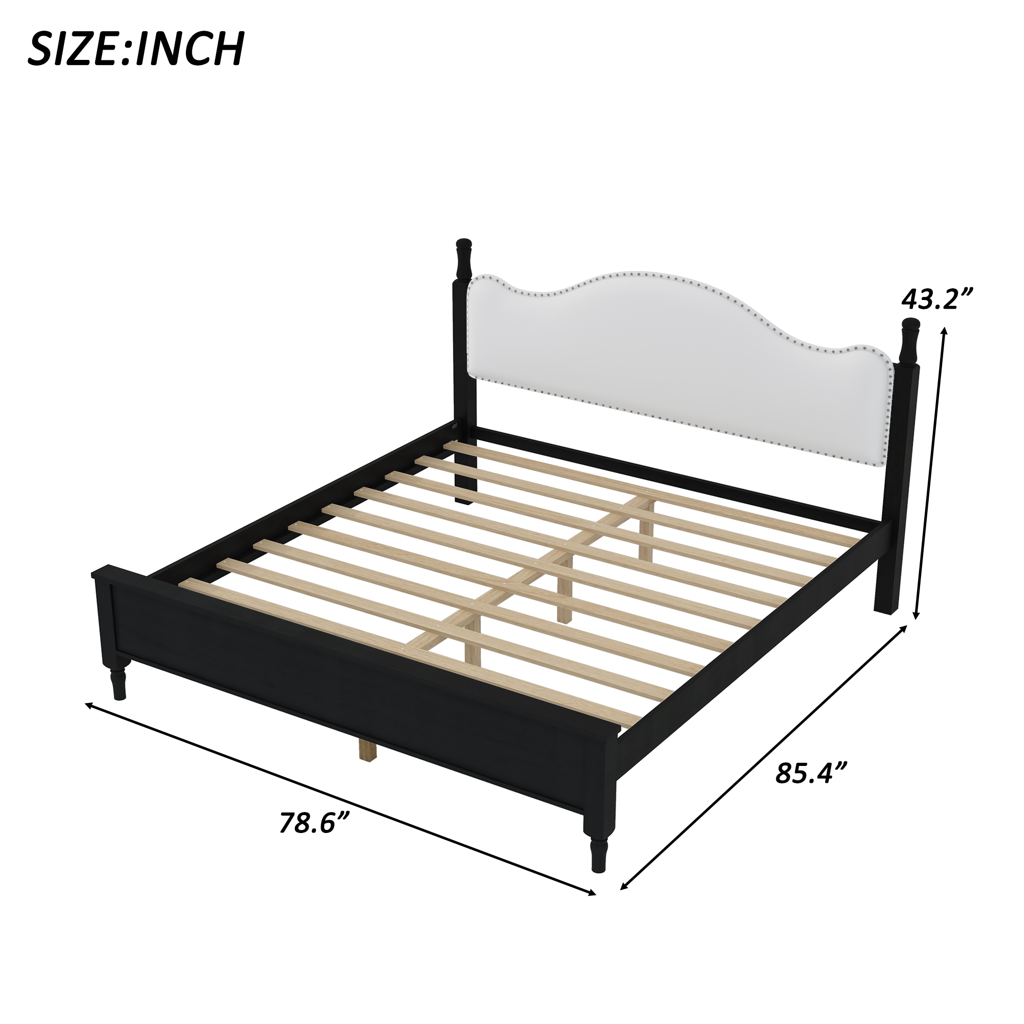 King Size Wood Platform Bed with Upholstered Headboard