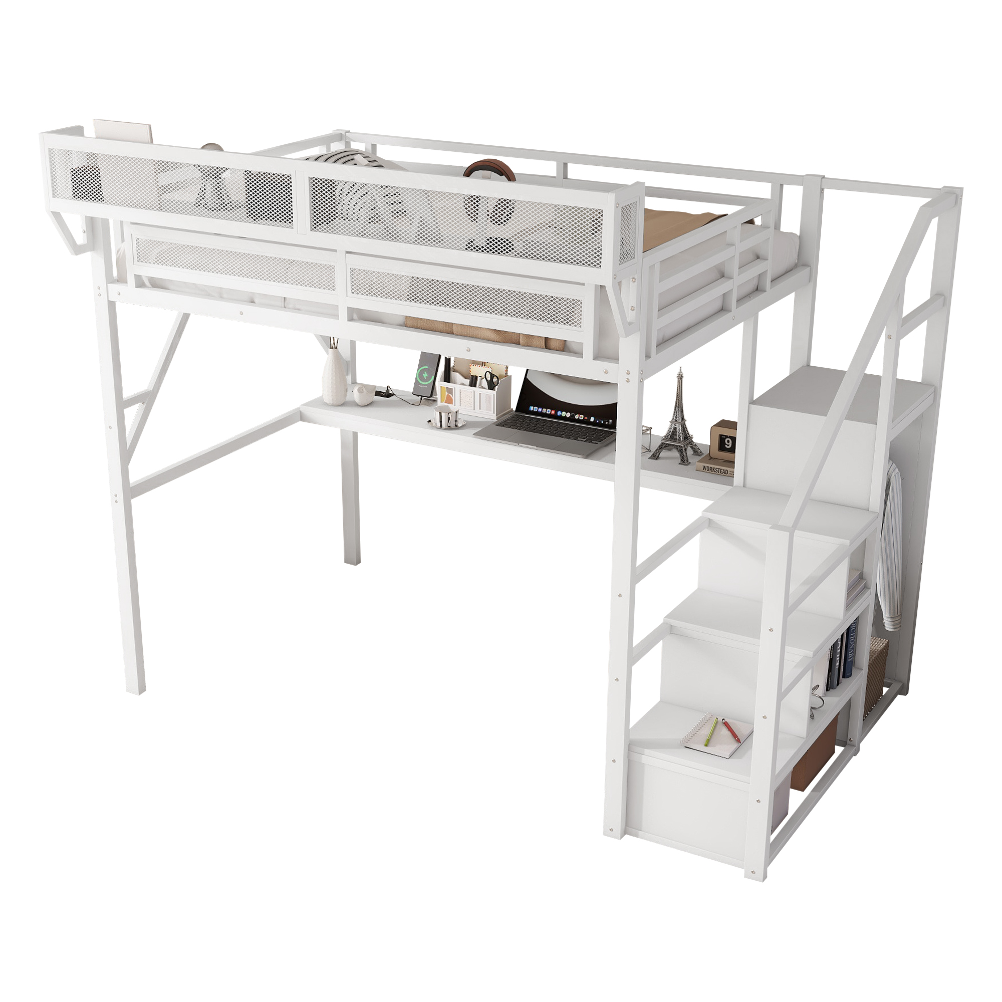 Metal Full Loft Bed With Desk, Charging Station, Stairs And Light