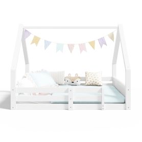 Full Size House Floor Wooden Bed with House Roof Frame, Fence Guardrails & Grooved Panel Design