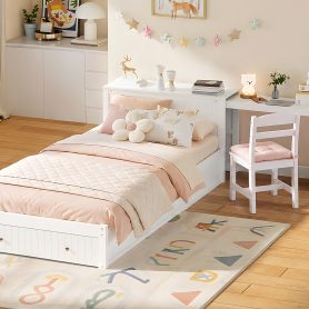 Twin Wood Bed Frame with wide Headboard, Footboard Drawers & Side Shelves
