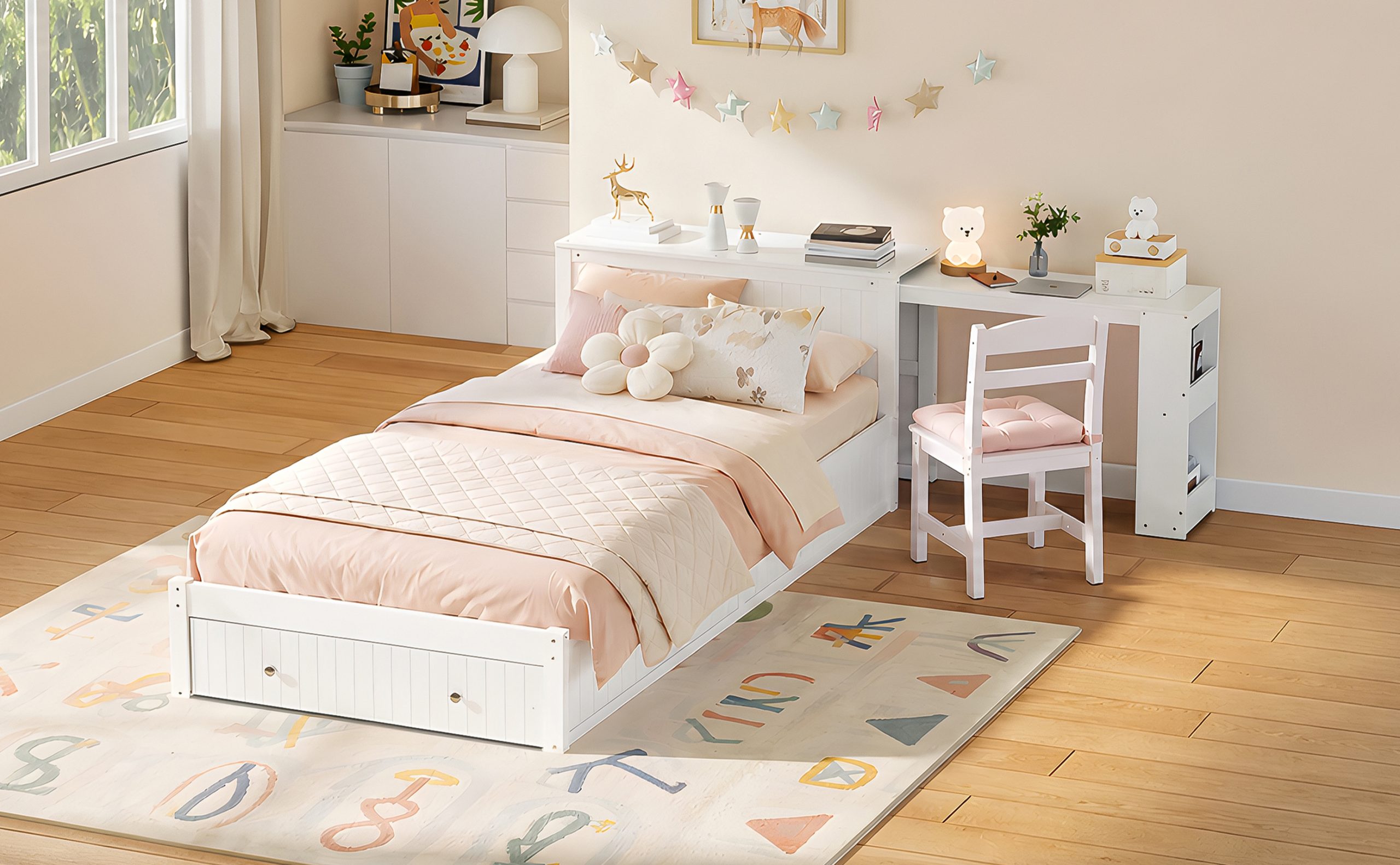 Twin Wood Bed Frame with wide Headboard, Footboard Drawers & Side Shelves