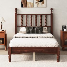 Retro Style Twin Size Wood Platform Bed With Gourd Shaped Headboard