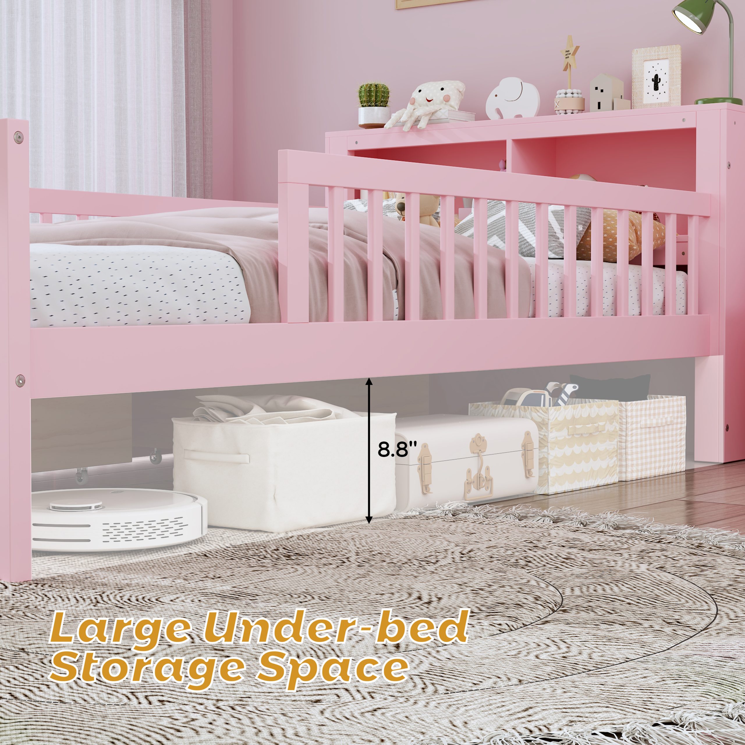 Twin Size Bed with Headboard Storage Rack, Two Under-Bed Drawers, Three-Side Guardrails for Safety and Securit