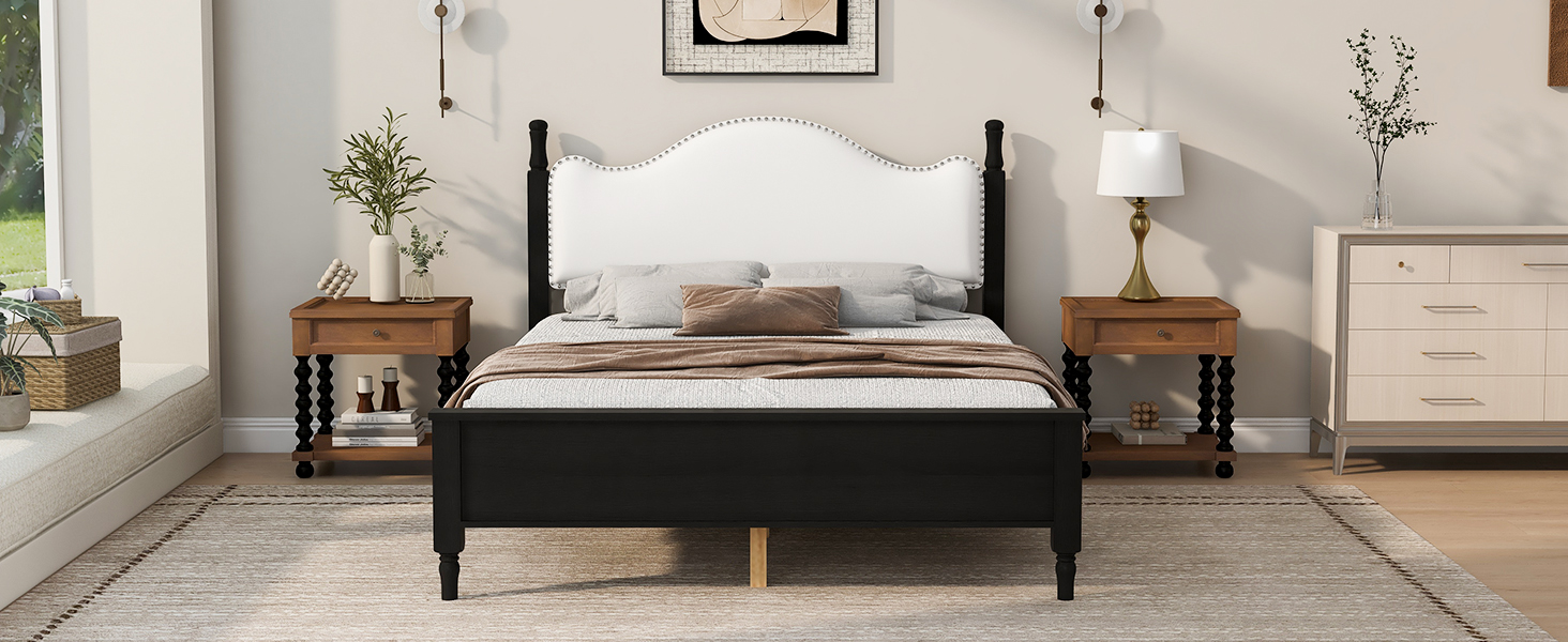 Queen Size Wood Platform Bed with Upholstered Headboard