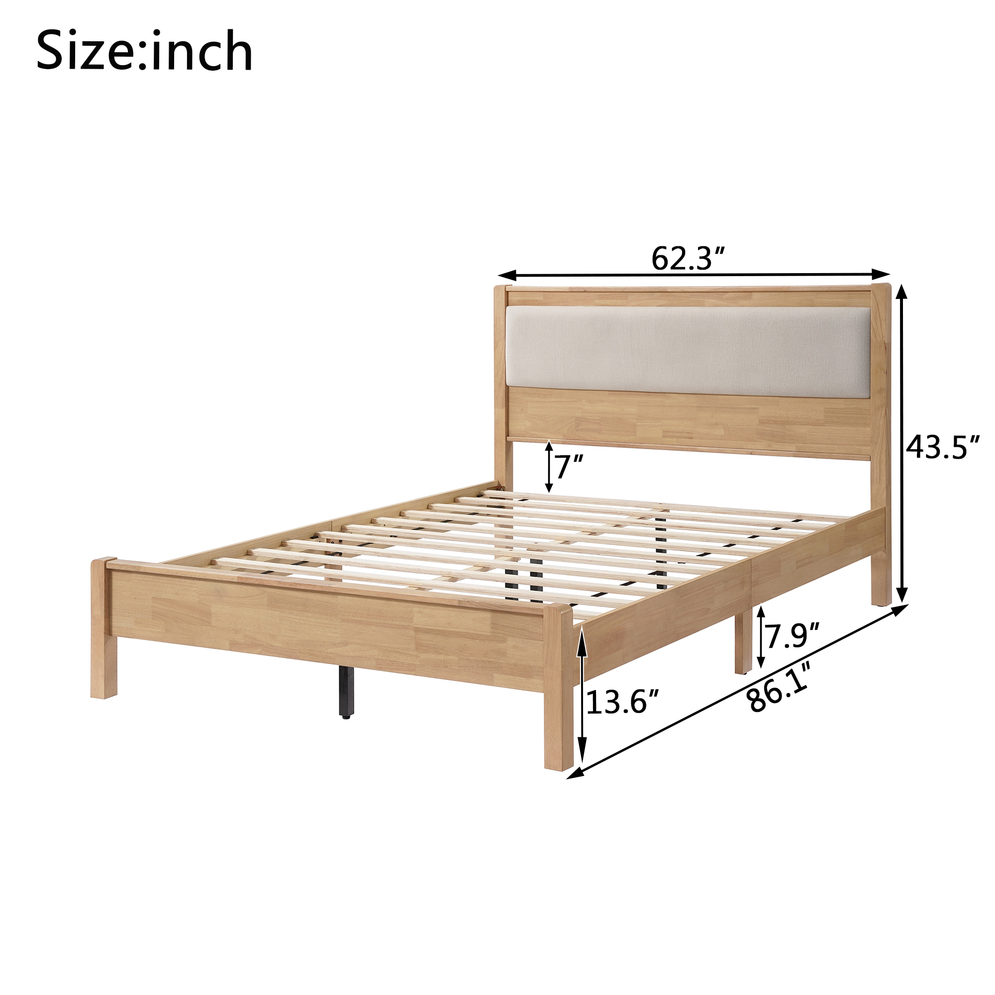 Queen Size Solid Rubber Wooden Bed With Upholstered Headboard