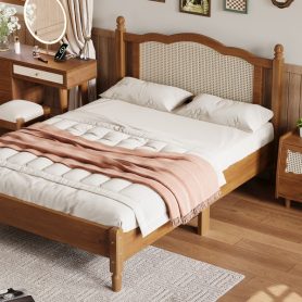 Full Size Wooden Platform Bed with Natural Rattan Headboard