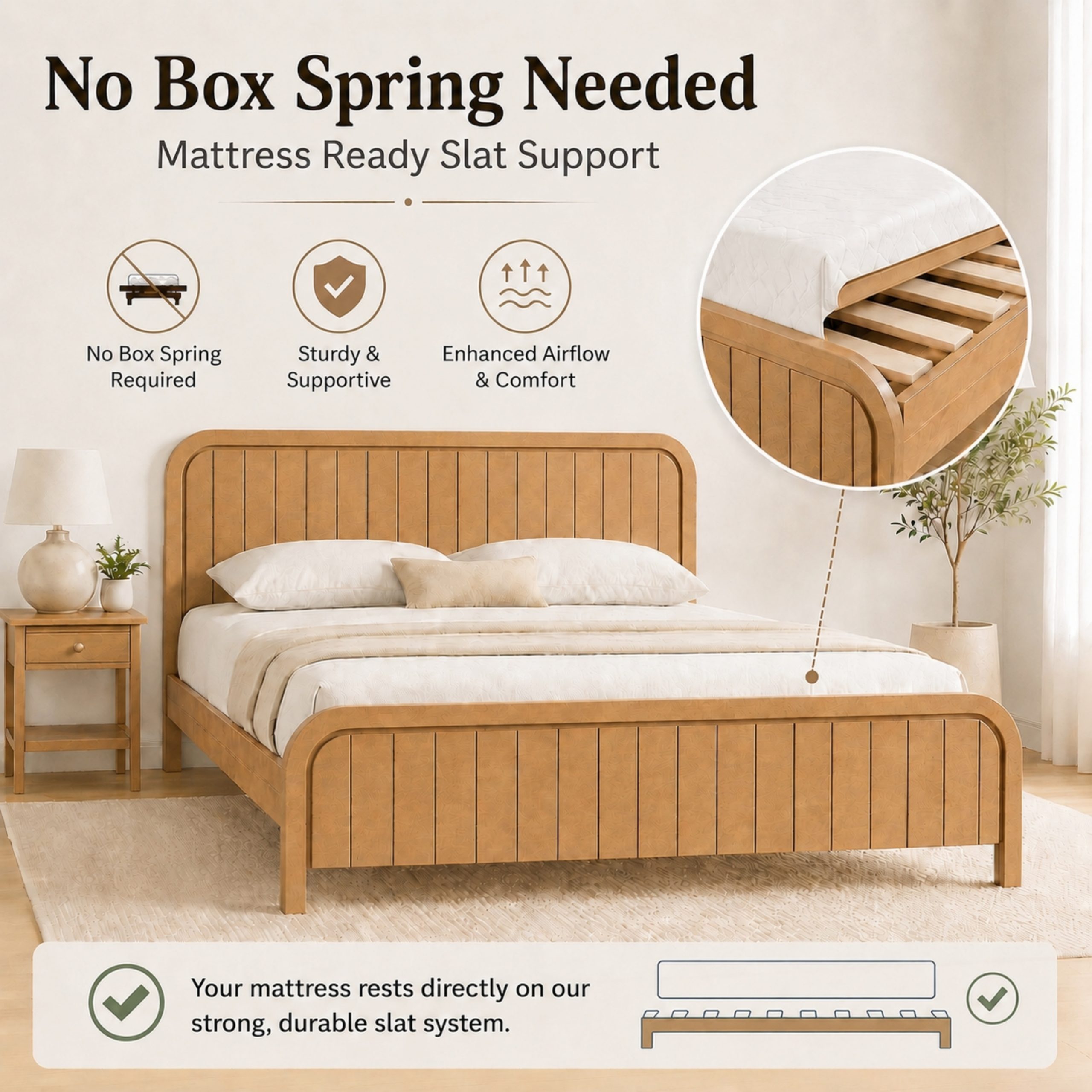 Wood Queen Bed Frame With Headboard, Noise-free Design, No Box Spring Needed