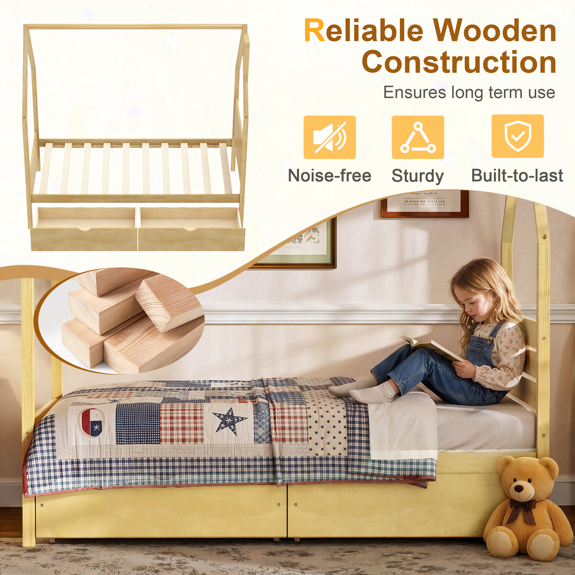 Wood House Shape Twin Montessori Bed with 2 Storage Drawers