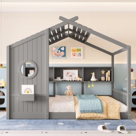 Full Size Floor House Bed for Toddler, Kids