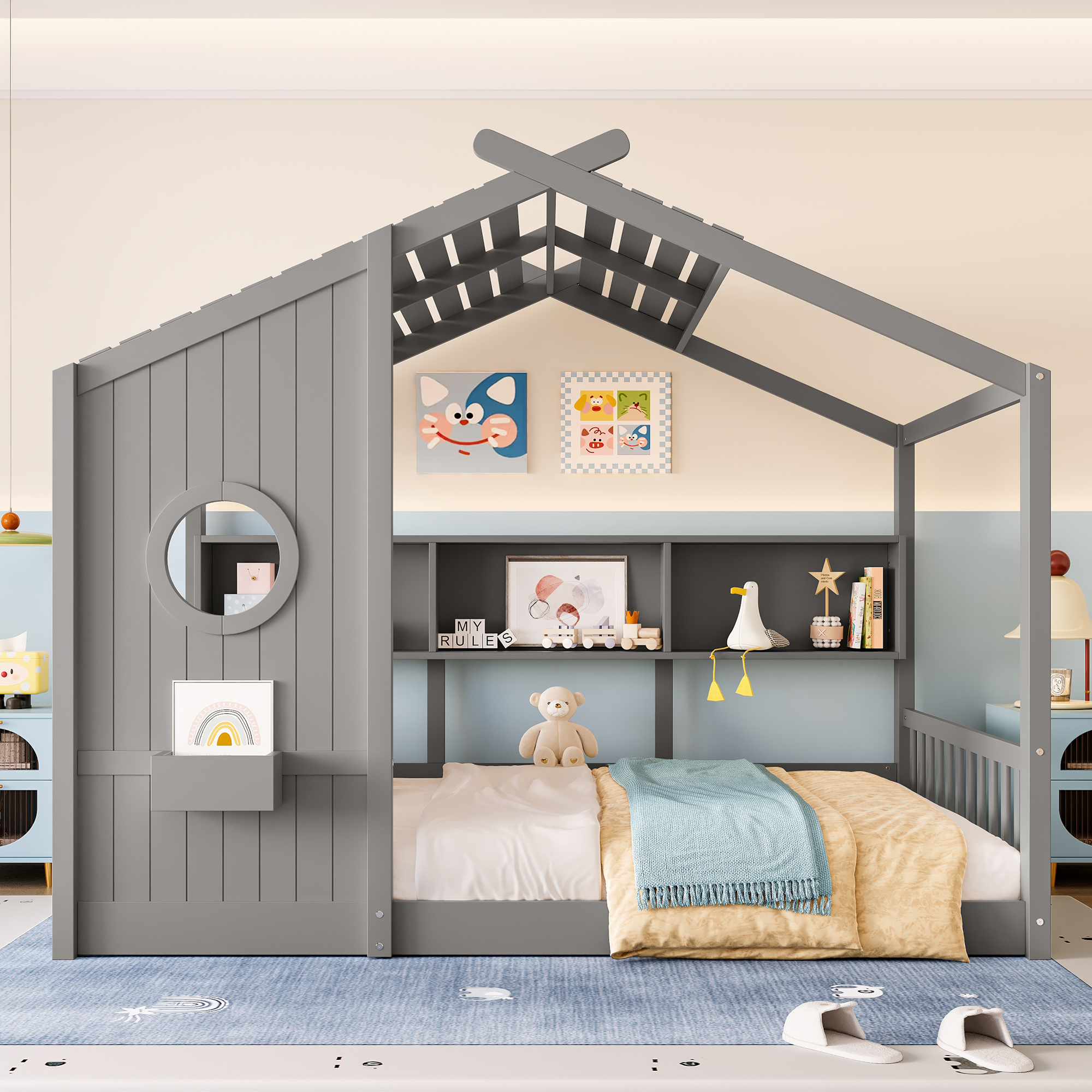 Full Size Floor House Bed for Toddler, Kids