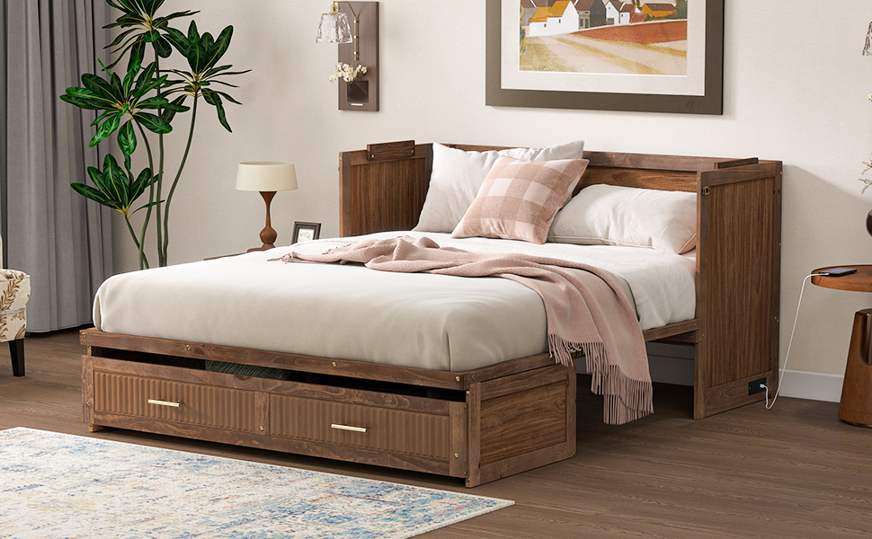 Pine Wood Cabinet Bed with Charging Station and Ripple Decoration Panels