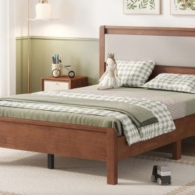 Full Size Solid Rubber Wooden Bed With Upholstered Headboard