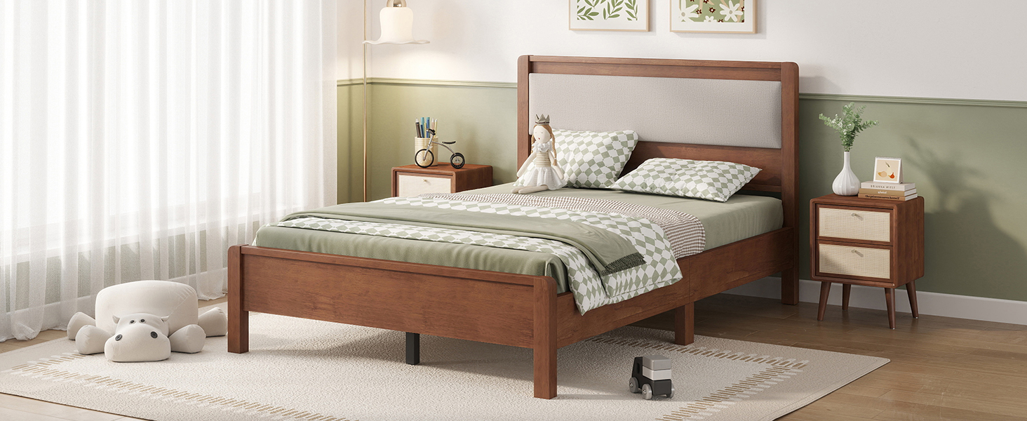 Full Size Solid Rubber Wooden Bed With Upholstered Headboard