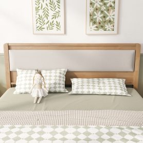Queen Size Solid Rubber Wooden Bed With Upholstered Headboard
