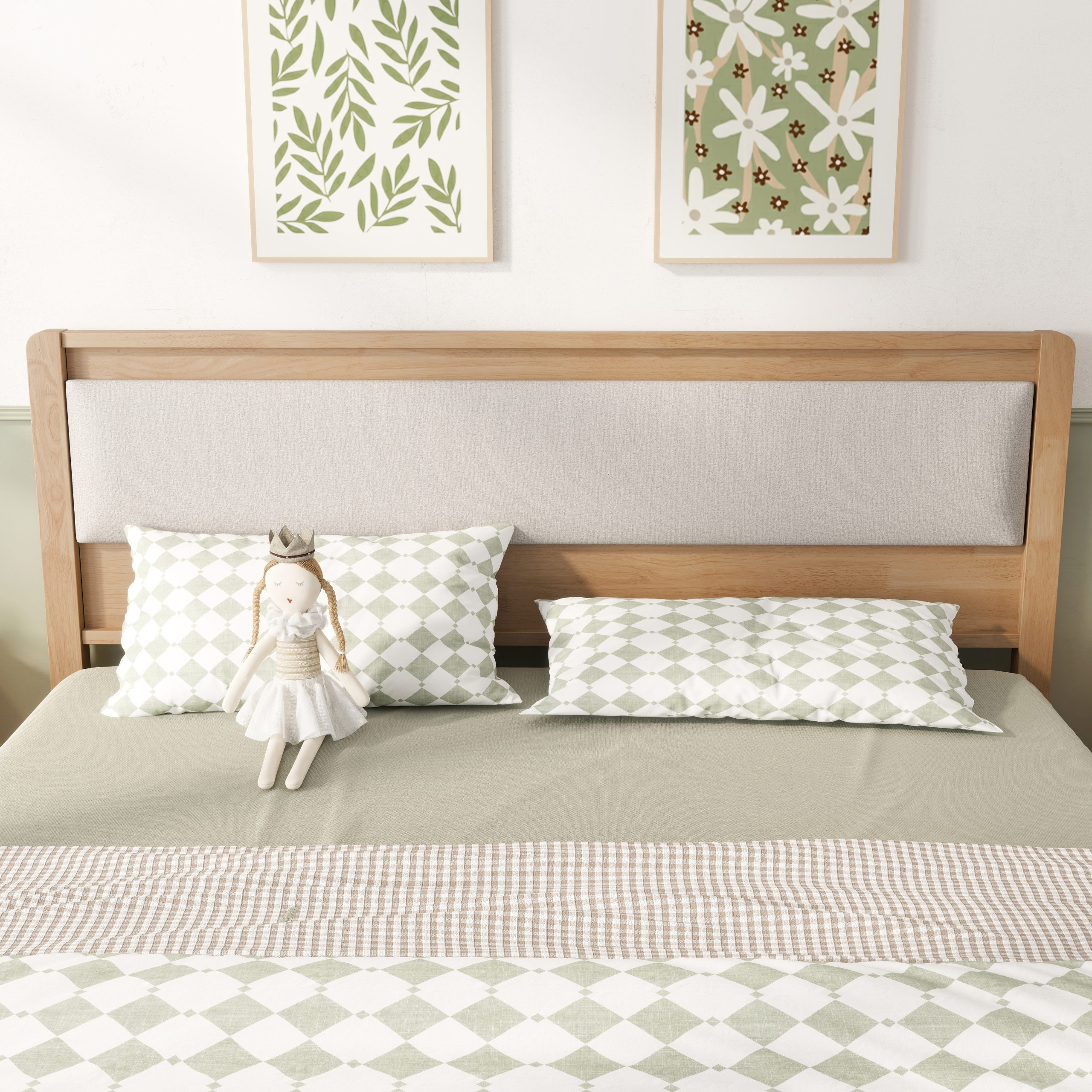 Queen Size Solid Rubber Wooden Bed With Upholstered Headboard