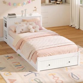 Twin Wood Bed Frame with wide Headboard, Footboard Drawers & Side Shelves