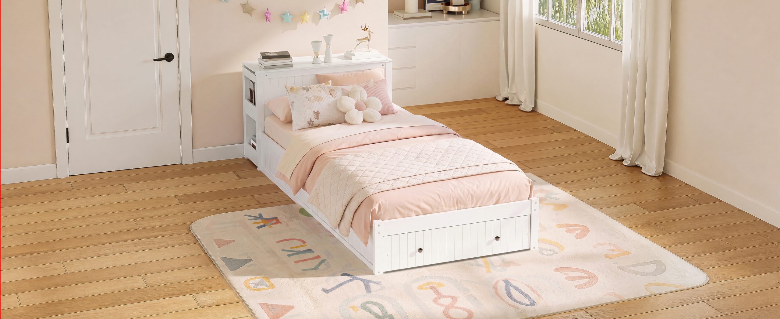 Twin Wood Bed Frame with wide Headboard, Footboard Drawers & Side Shelves